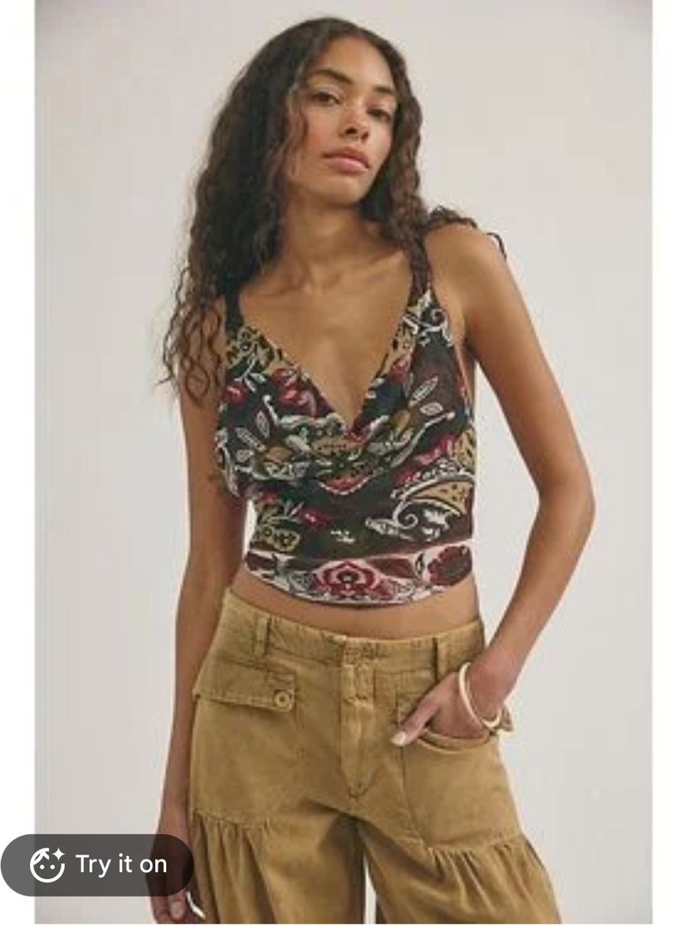 Free People Veda Black Paisley Cowl-Neck Camisole